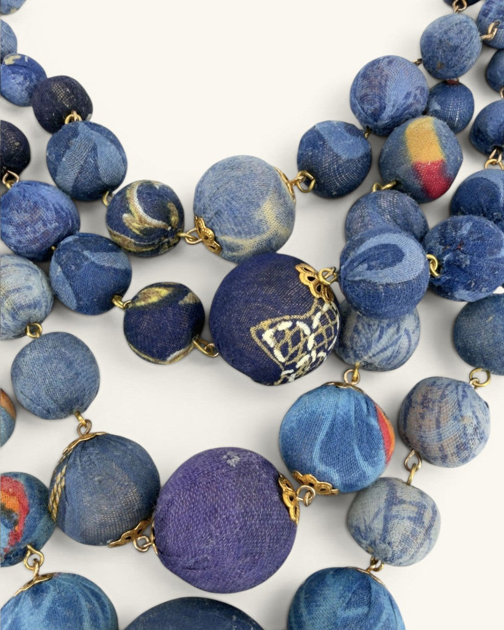 Graduated Four-Strand Indigo Sari-Wrapped Bead Necklace