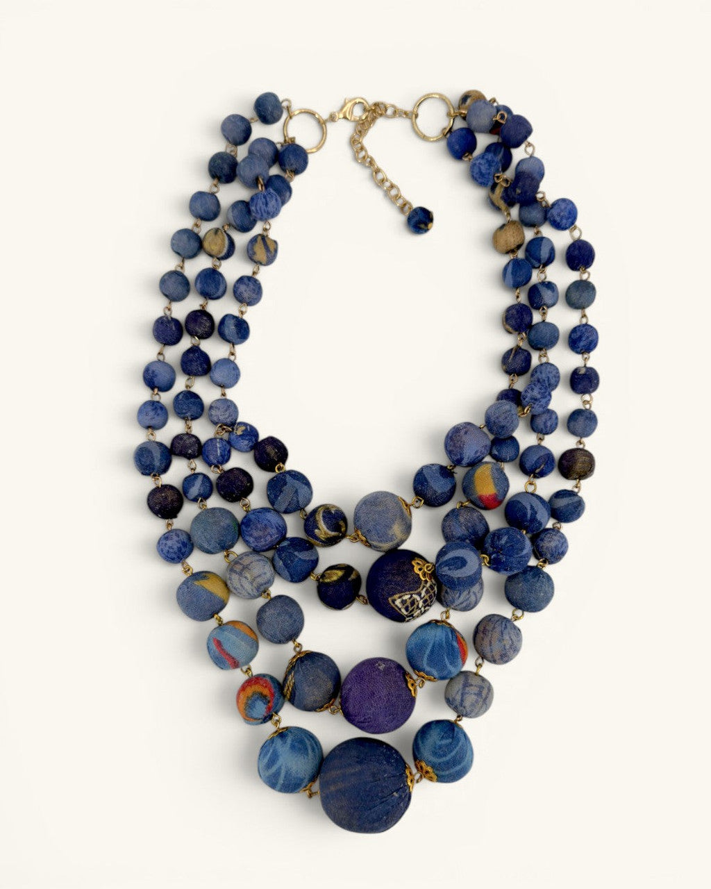 Graduated Four-Strand Indigo Sari-Wrapped Bead Necklace
