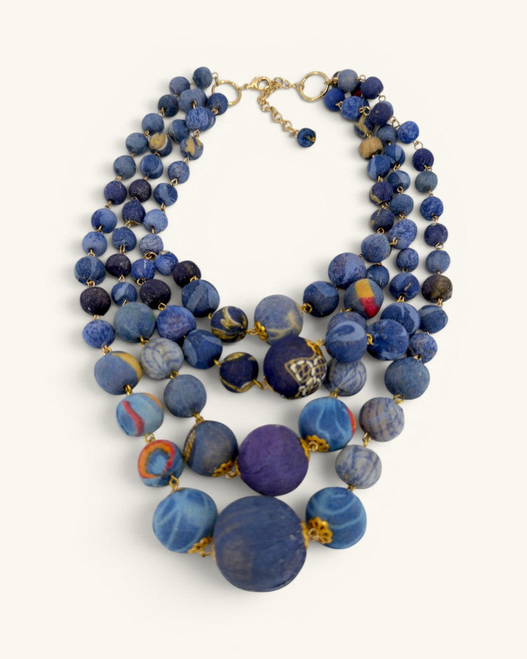 Graduated Four-Strand Indigo Sari-Wrapped Bead Necklace