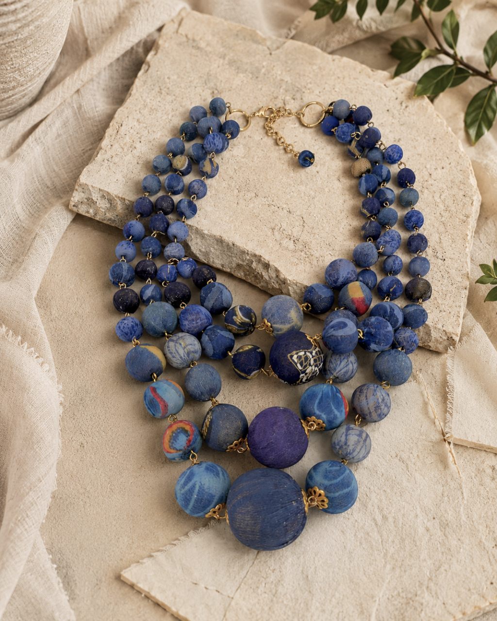 Graduated Four-Strand Indigo Sari-Wrapped Bead Necklace
