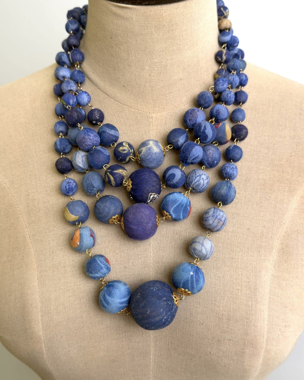 Graduated Four-Strand Indigo Sari-Wrapped Bead Necklace