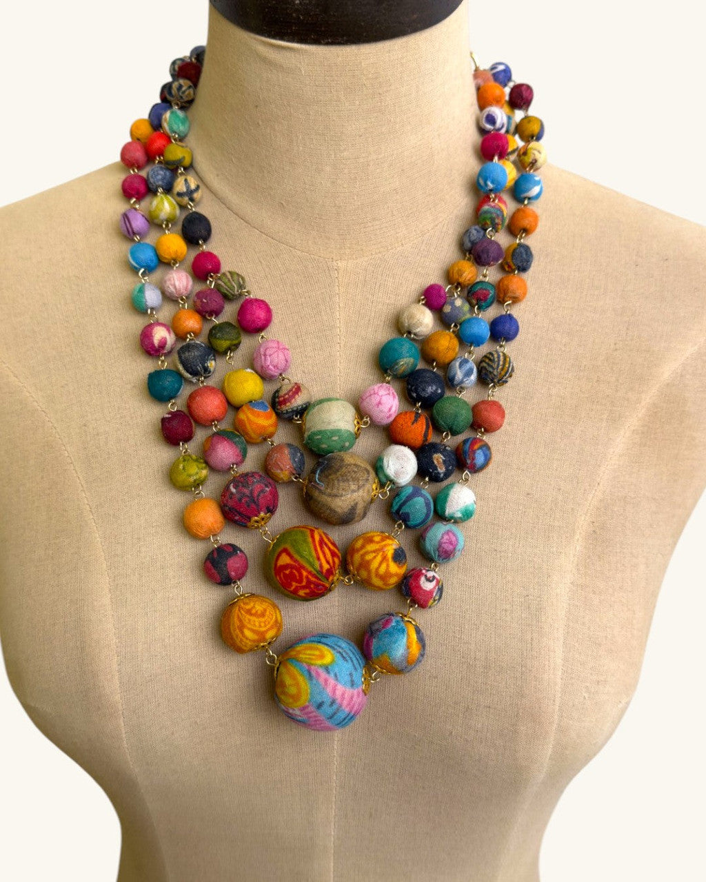 Four-Strand Graduated Sari-Textile Bead Necklace