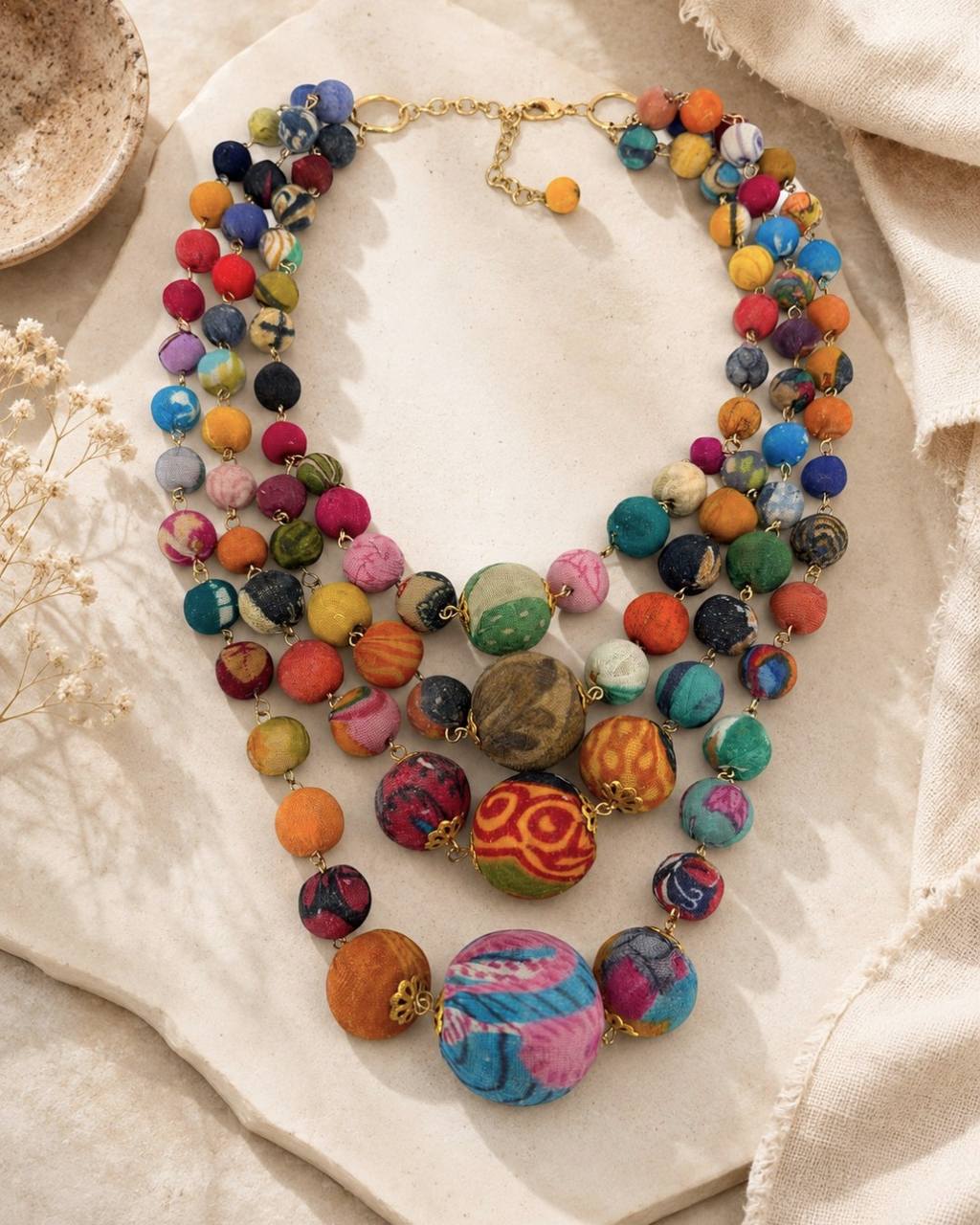 Four-Strand Graduated Sari-Textile Bead Necklace