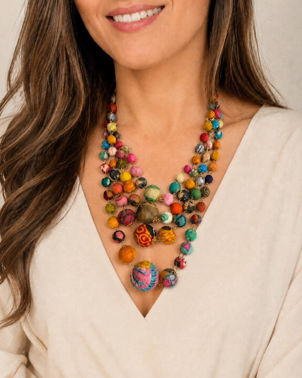 Four-Strand Graduated Sari-Textile Bead Necklace