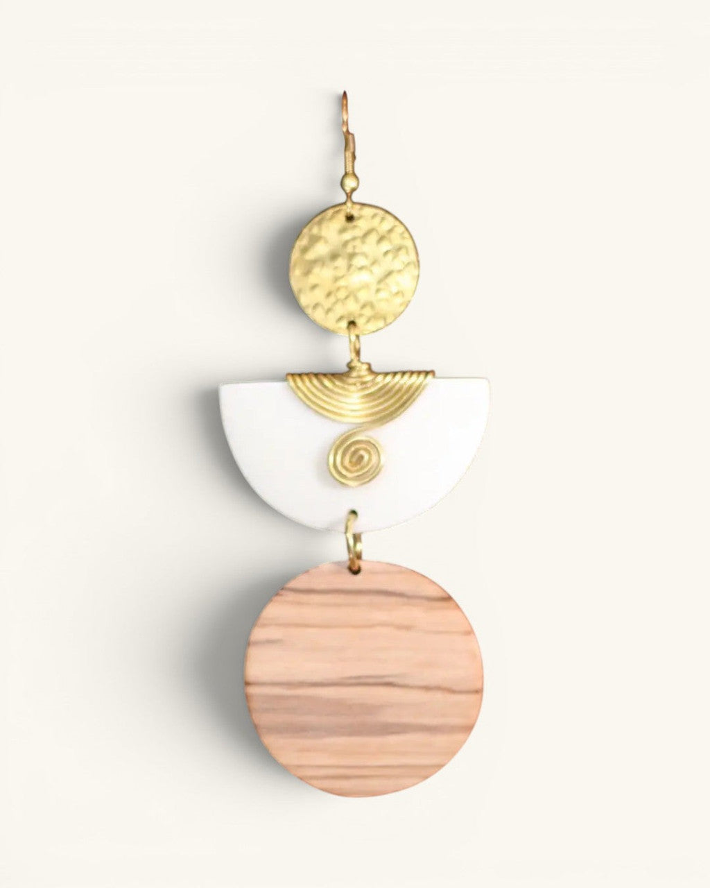 Three-Tier Disc, Crescent and Wood Drop Earrings