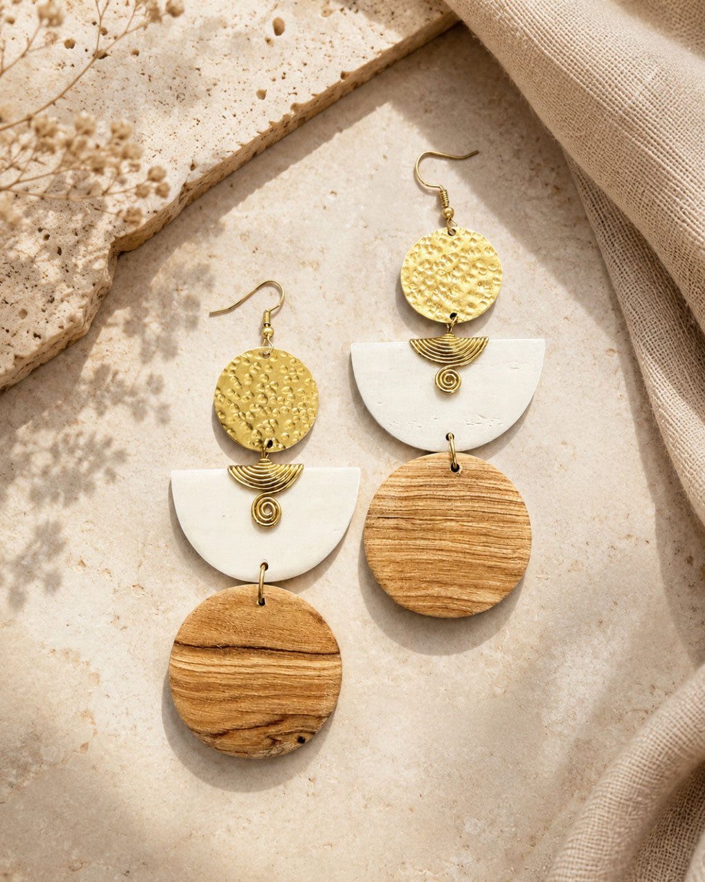 Three-Tier Disc, Crescent and Wood Drop Earrings