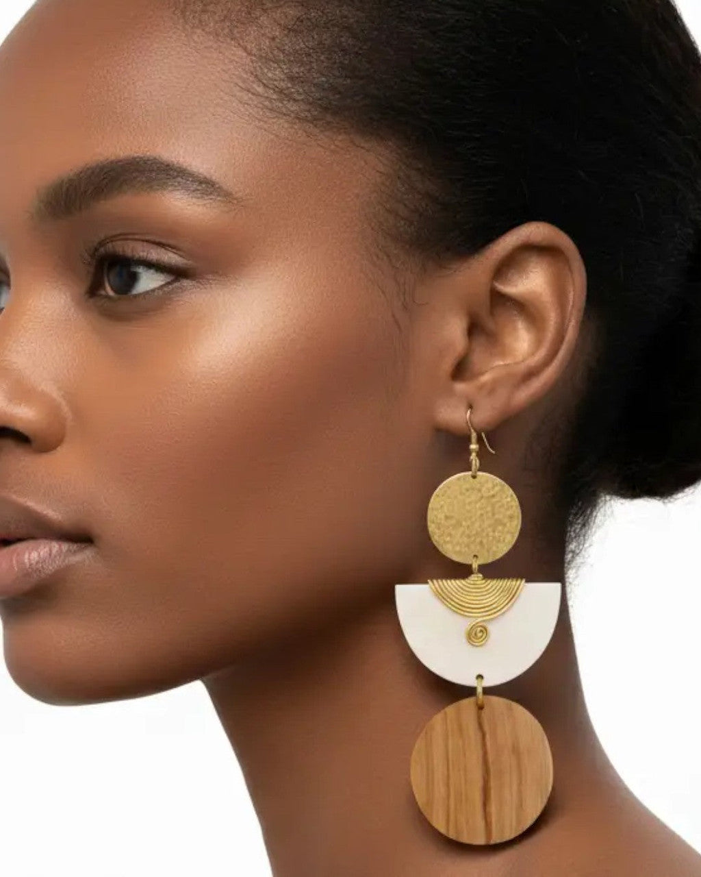 Three-Tier Disc, Crescent and Wood Drop Earrings