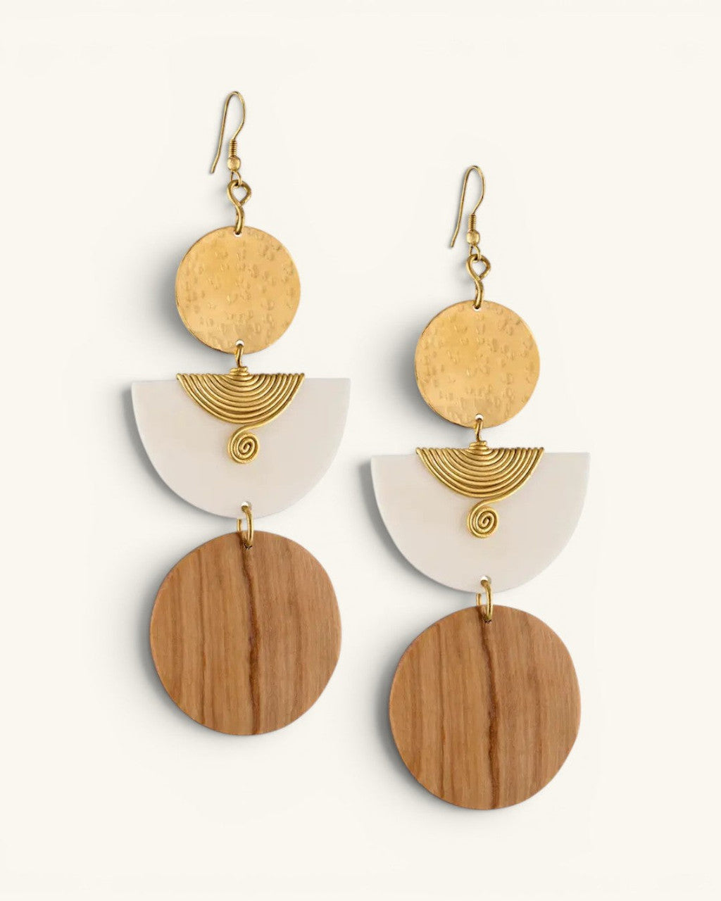Three-Tier Disc, Crescent and Wood Drop Earrings