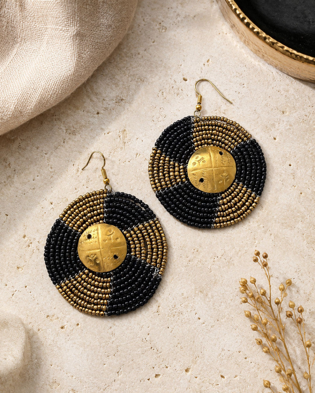 Quartered Bead Disc Earrings with Brass Medallion