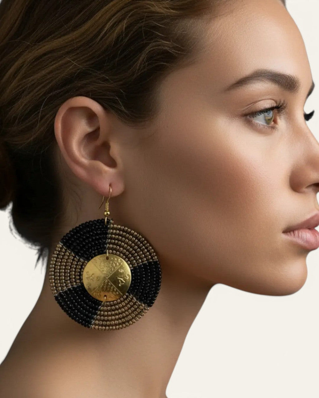 Quartered Bead Disc Earrings with Brass Medallion
