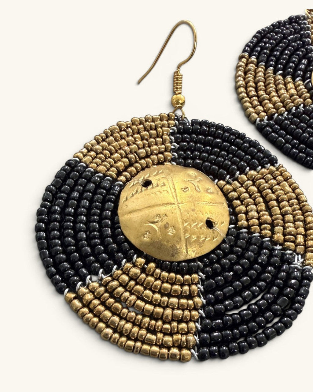 Quartered Bead Disc Earrings with Brass Medallion
