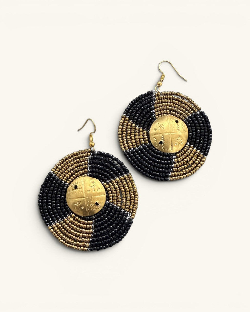 Quartered Bead Disc Earrings with Brass Medallion