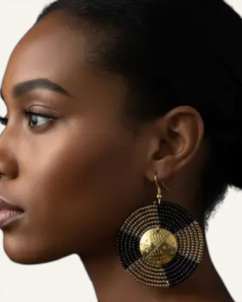 Quartered Bead Disc Earrings with Brass Medallion