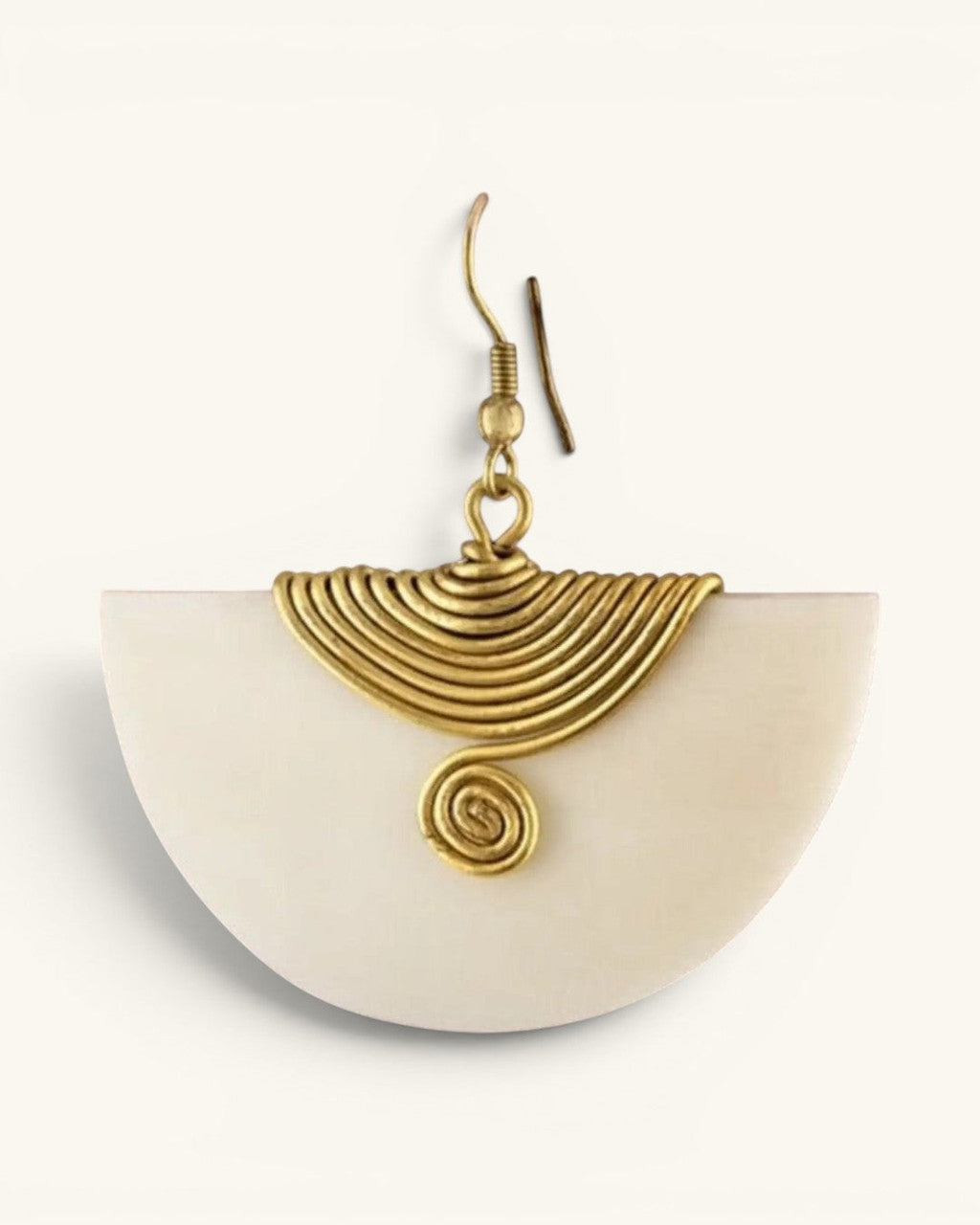 Half-Moon Bone & Coiled Brass Fan Earrings