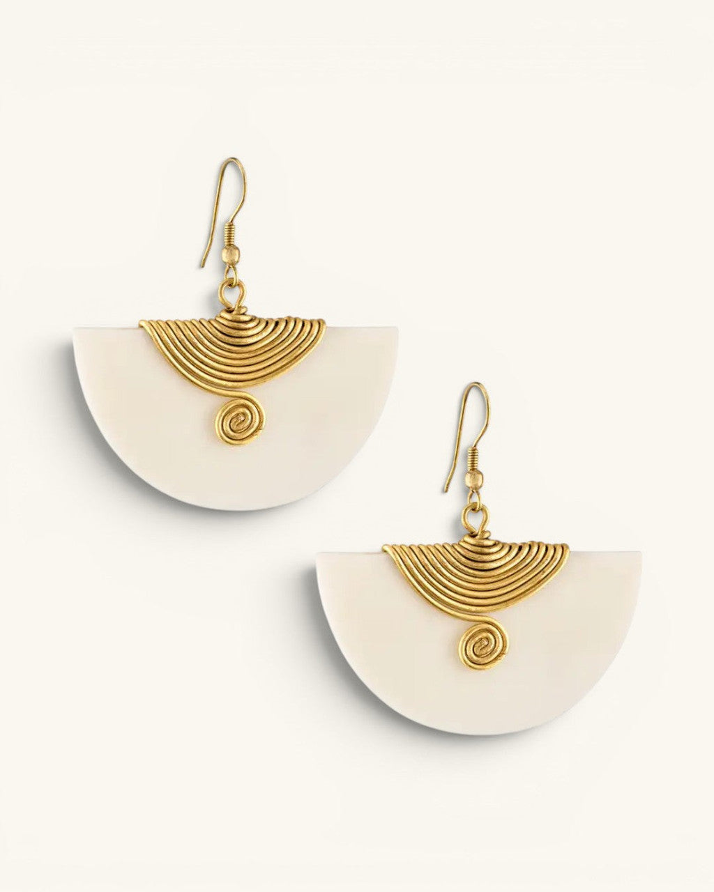 Half-Moon Bone & Coiled Brass Fan Earrings