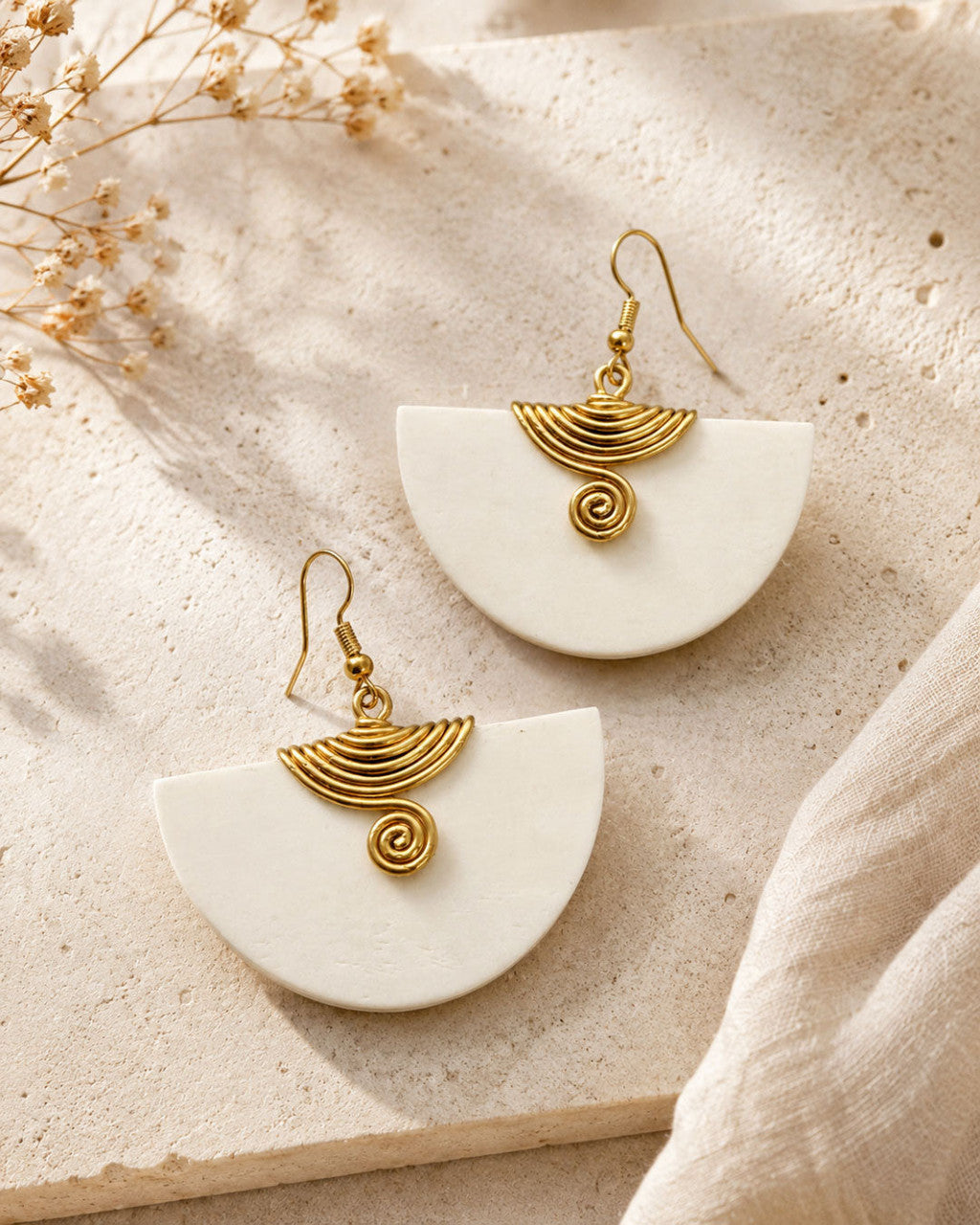 Half-Moon Bone & Coiled Brass Fan Earrings