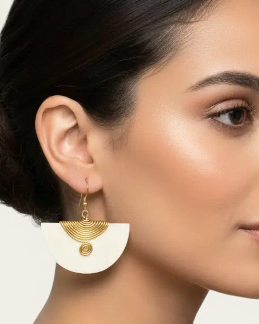 Half-Moon Bone & Coiled Brass Fan Earrings