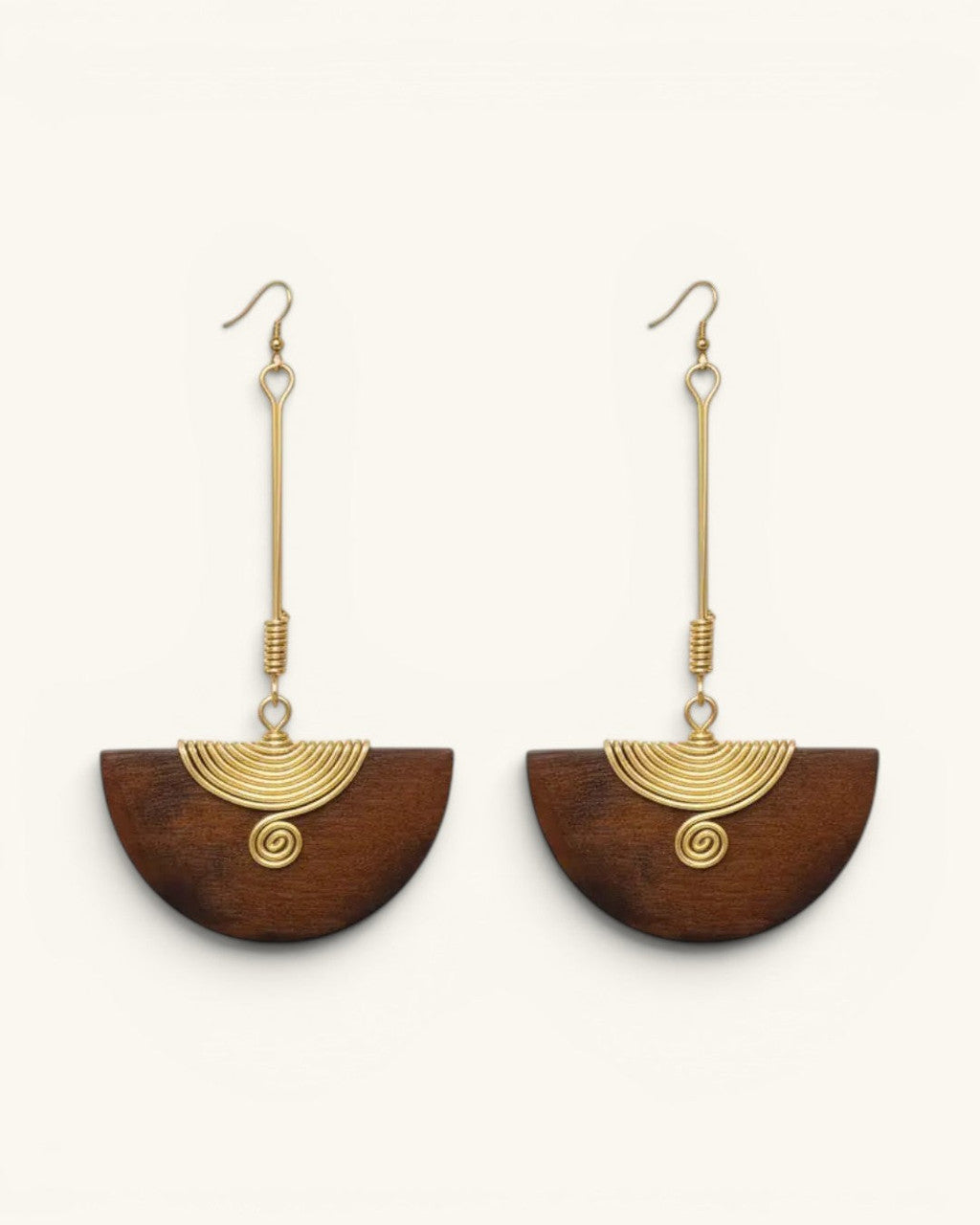 Wood Half-Moon Drop Earrings with Coiled Brass Fan