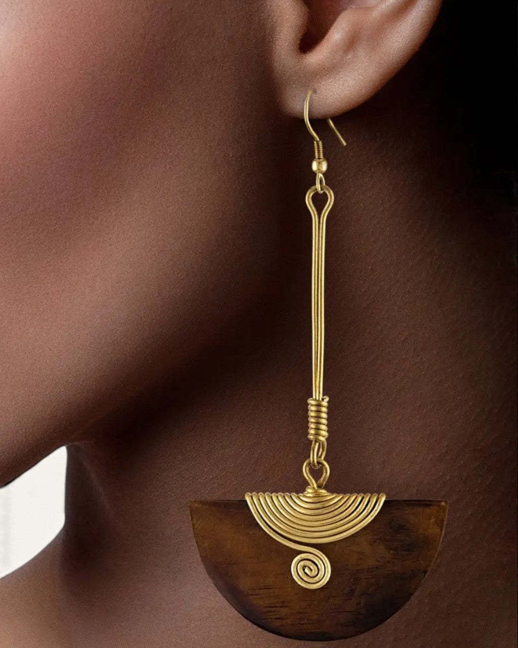 Wood Half-Moon Drop Earrings with Coiled Brass Fan