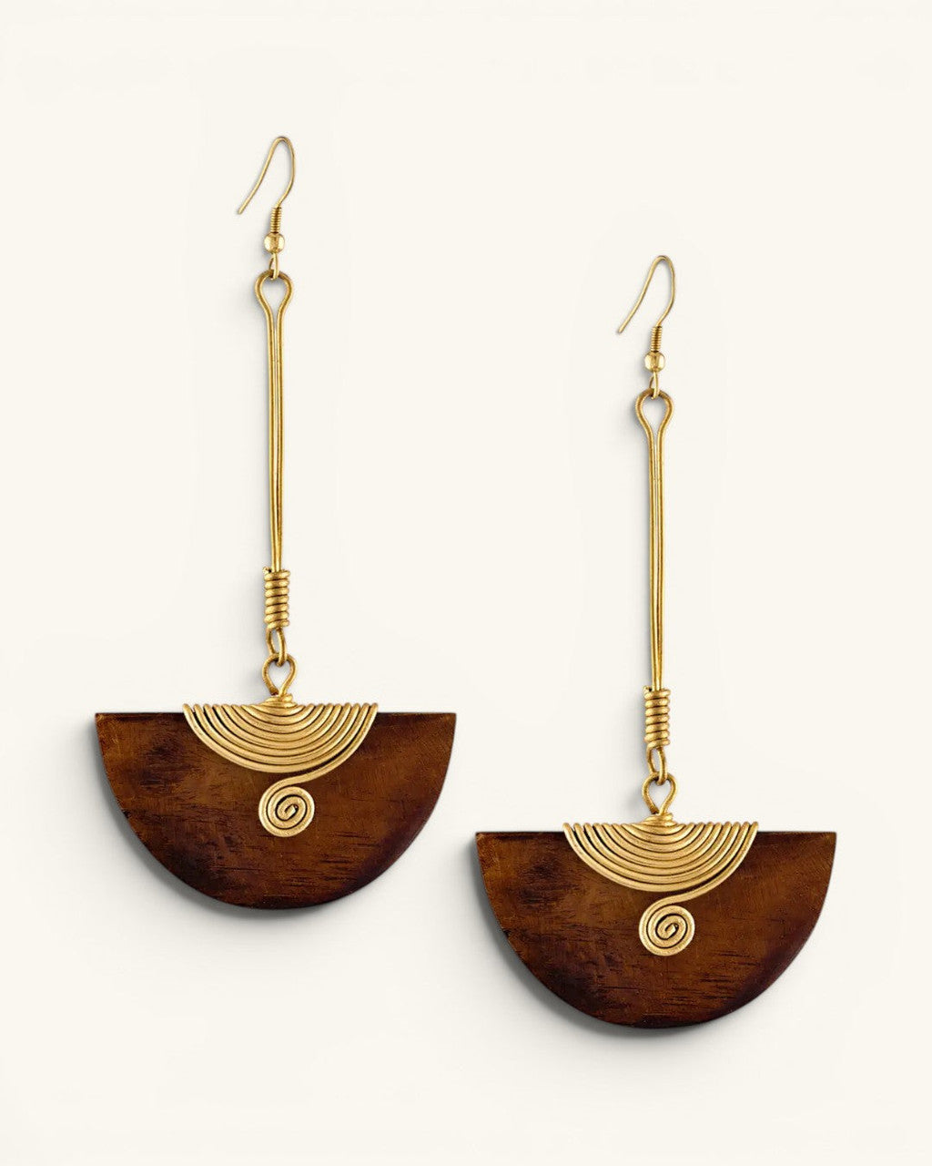 Wood Half-Moon Drop Earrings with Coiled Brass Fan