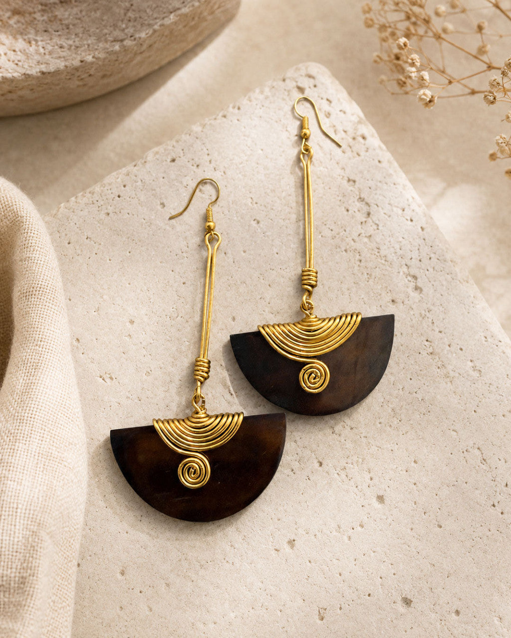 Wood Half-Moon Drop Earrings with Coiled Brass Fan