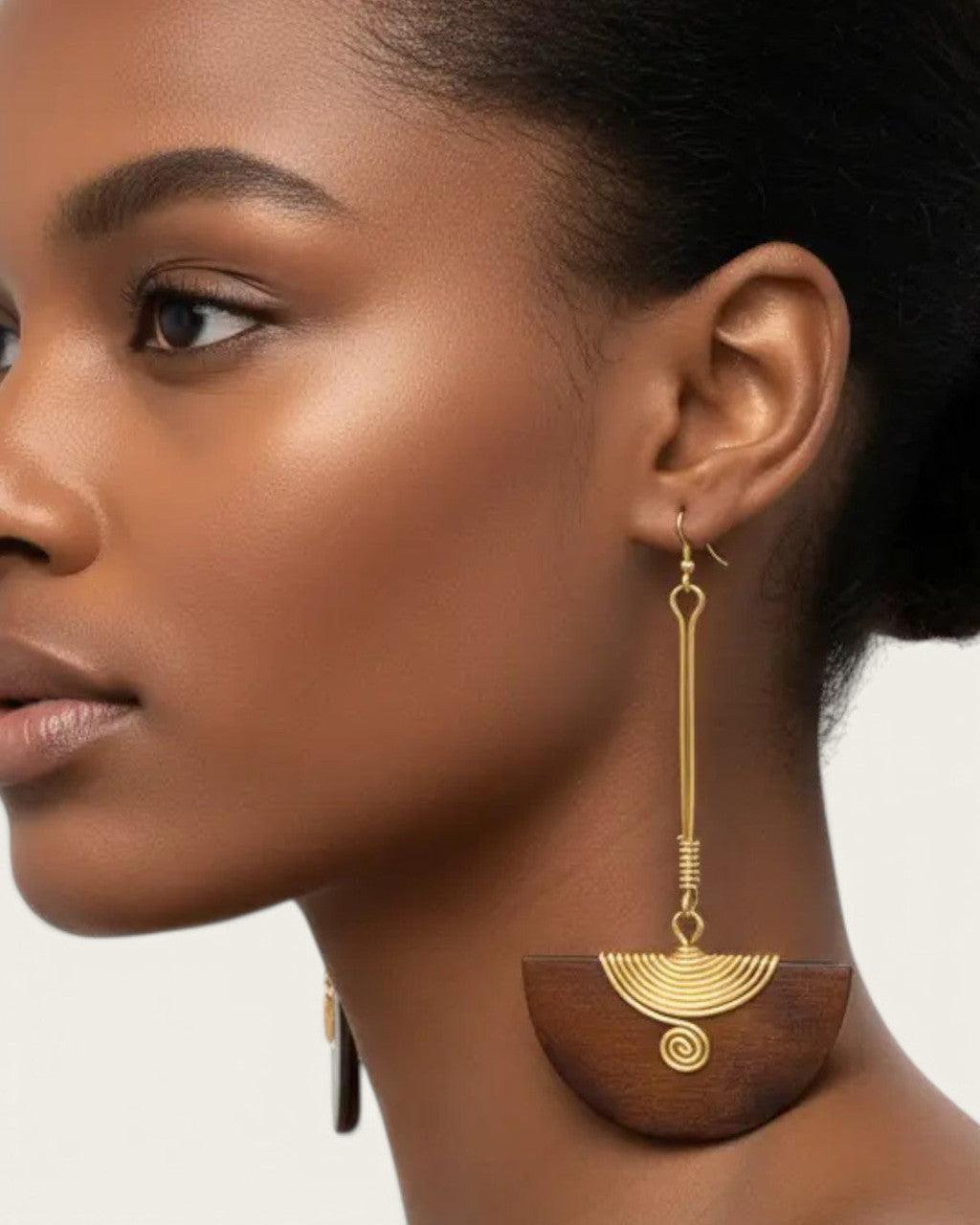 Wood Half-Moon Drop Earrings with Coiled Brass Fan