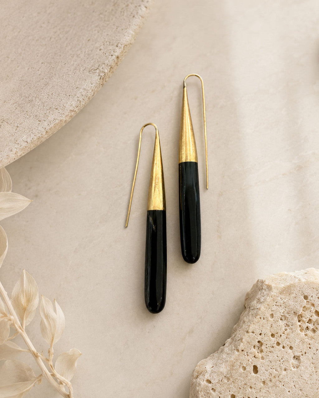 Elongated Horn and Brass Threader Earrings