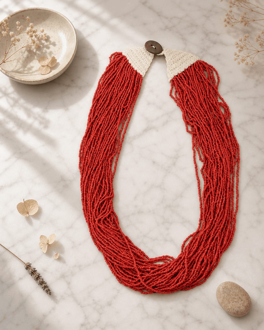 Multi-Strand Scarlet Seed Bead Necklace with Crochet Shoulders