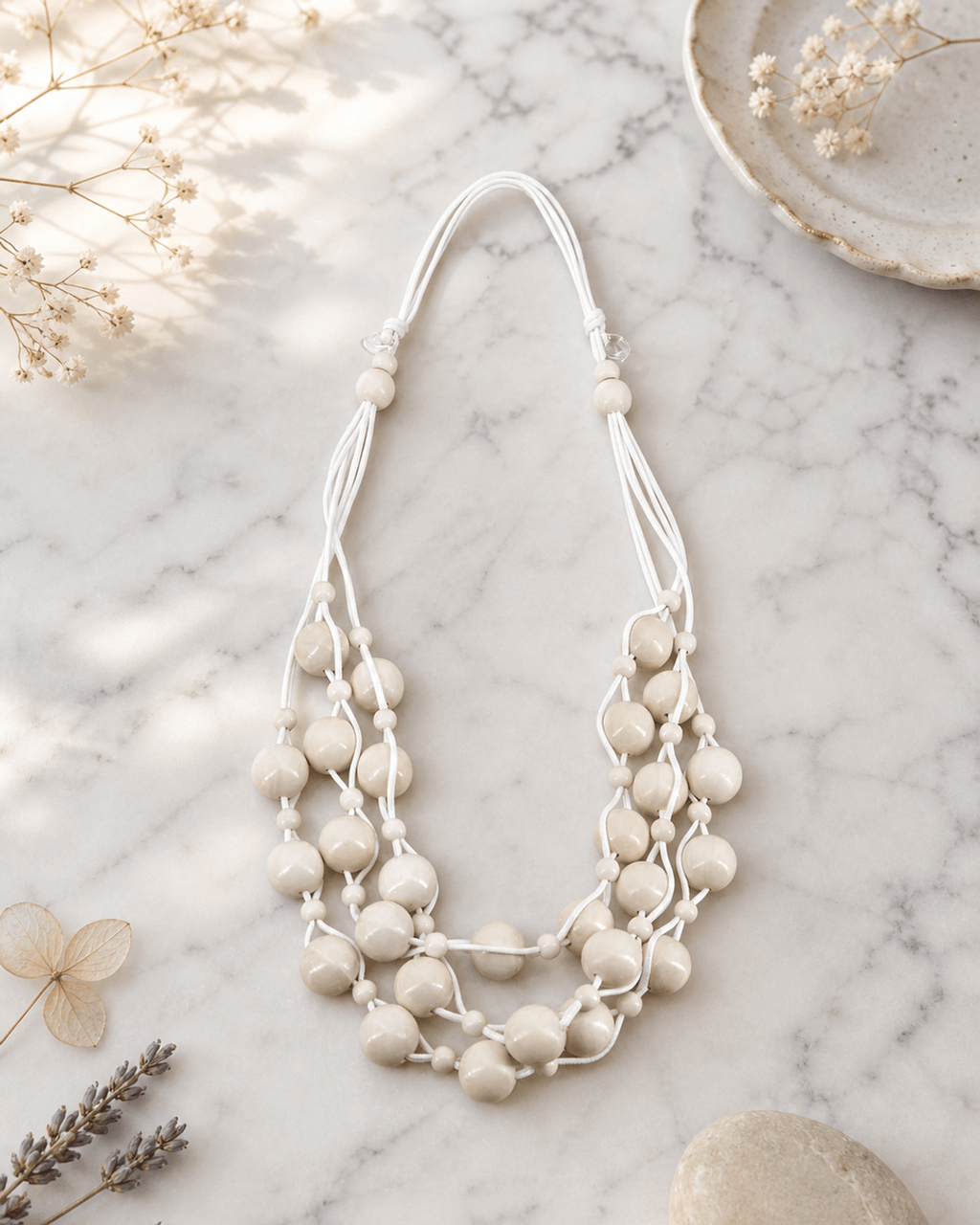 Cascading Ivory Wood Bead Necklace