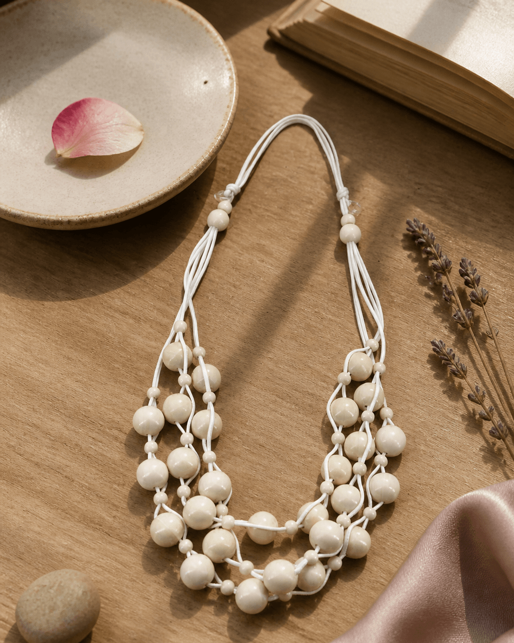 Cascading Ivory Wood Bead Necklace