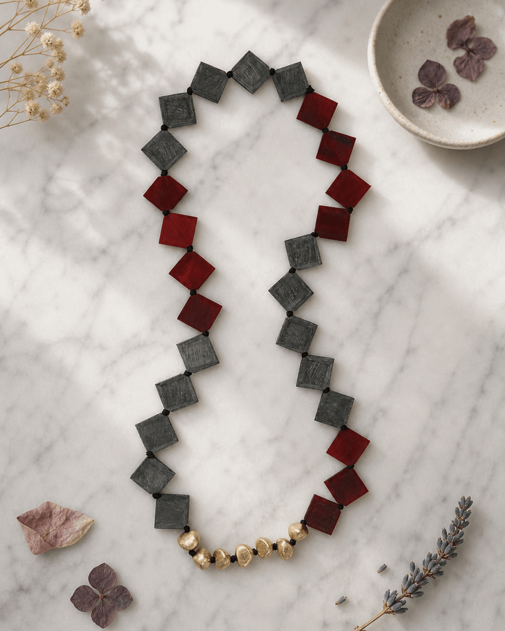 Red and Gray Horn Necklace with Brass Cluster