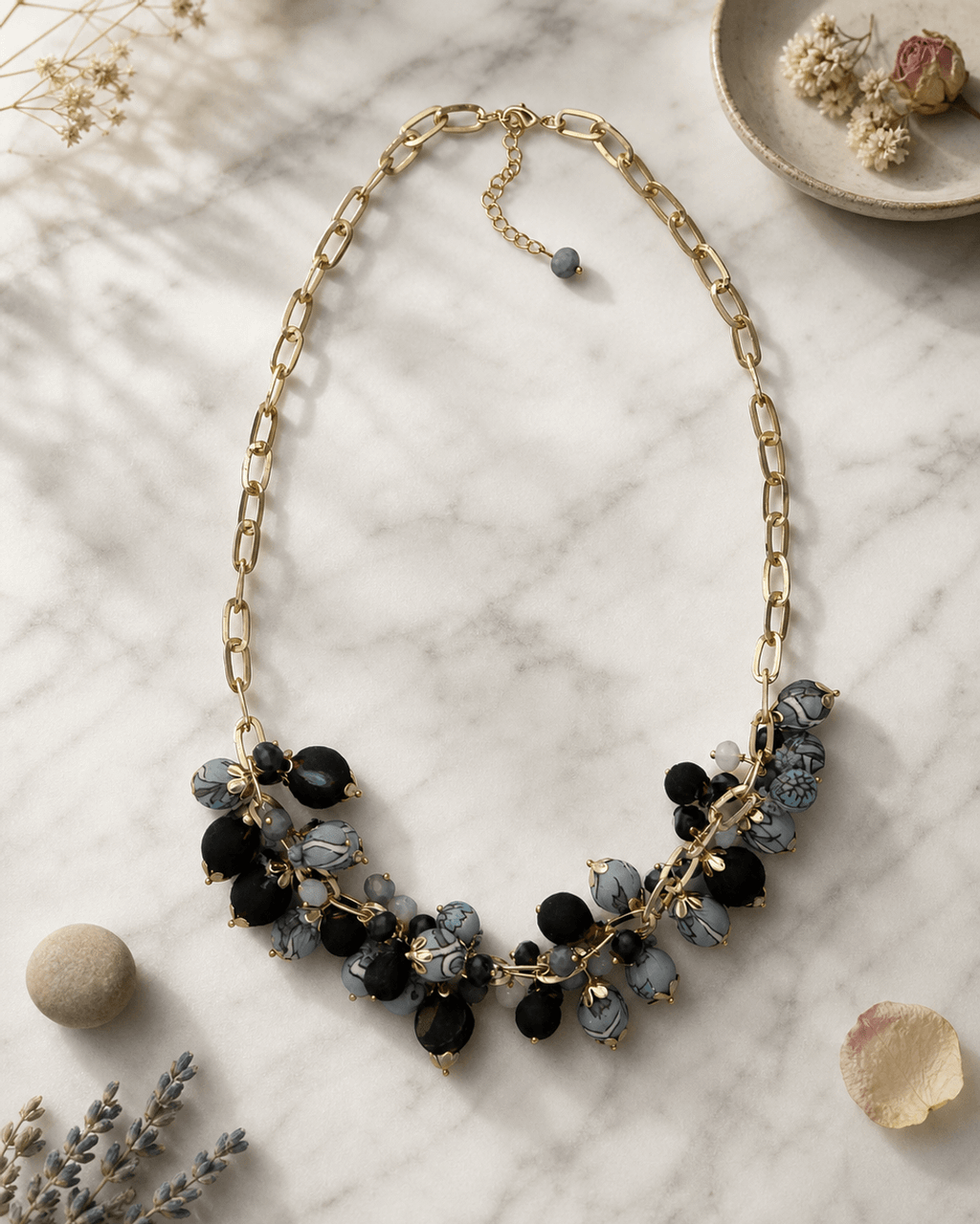 Clustered Bead Bib in Ink, Slate and Dove Blue