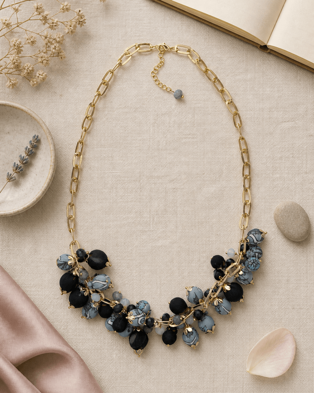 Clustered Bead Bib in Ink, Slate and Dove Blue