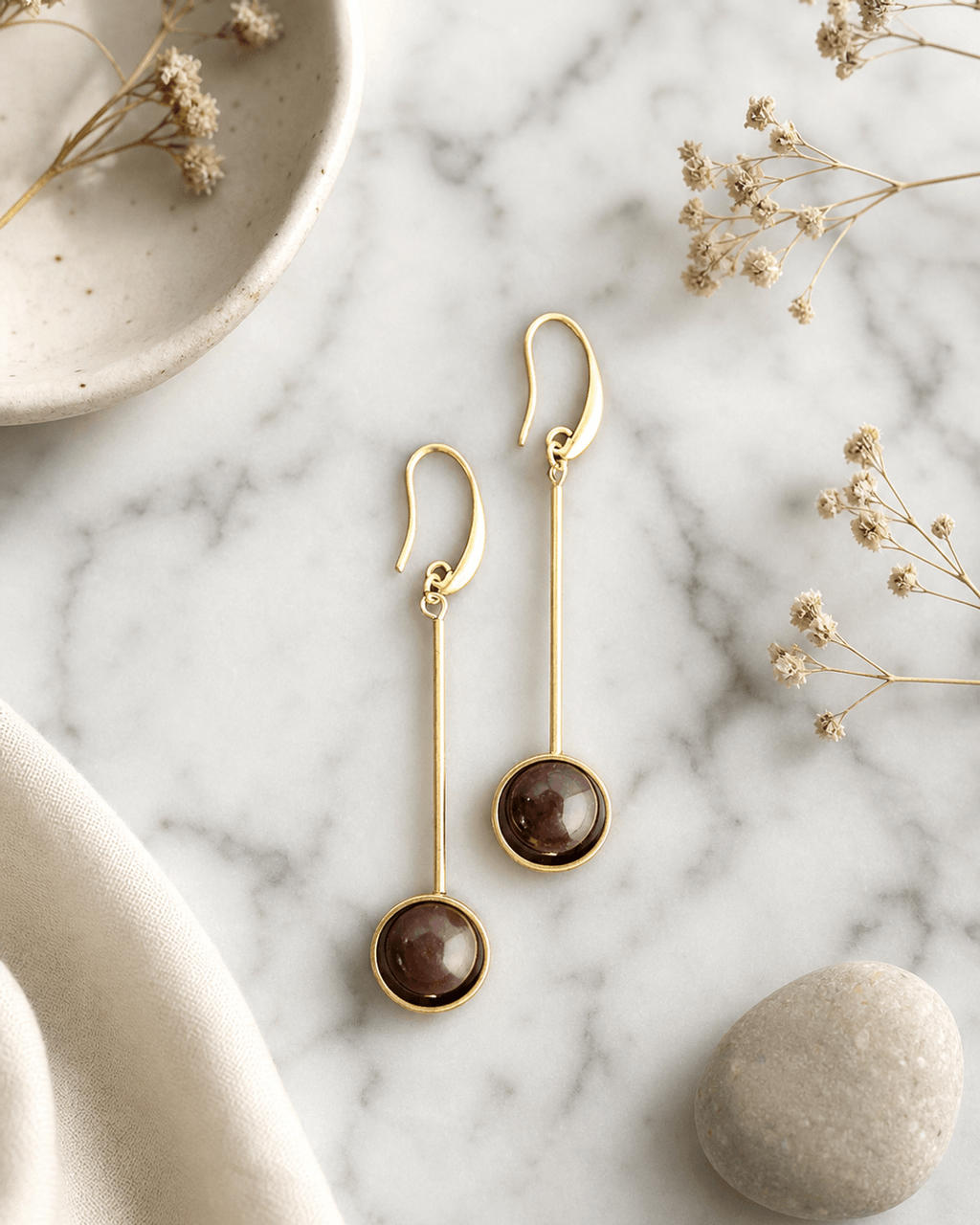 Bar-and-Sphere Drop Earrings in Brown Agate