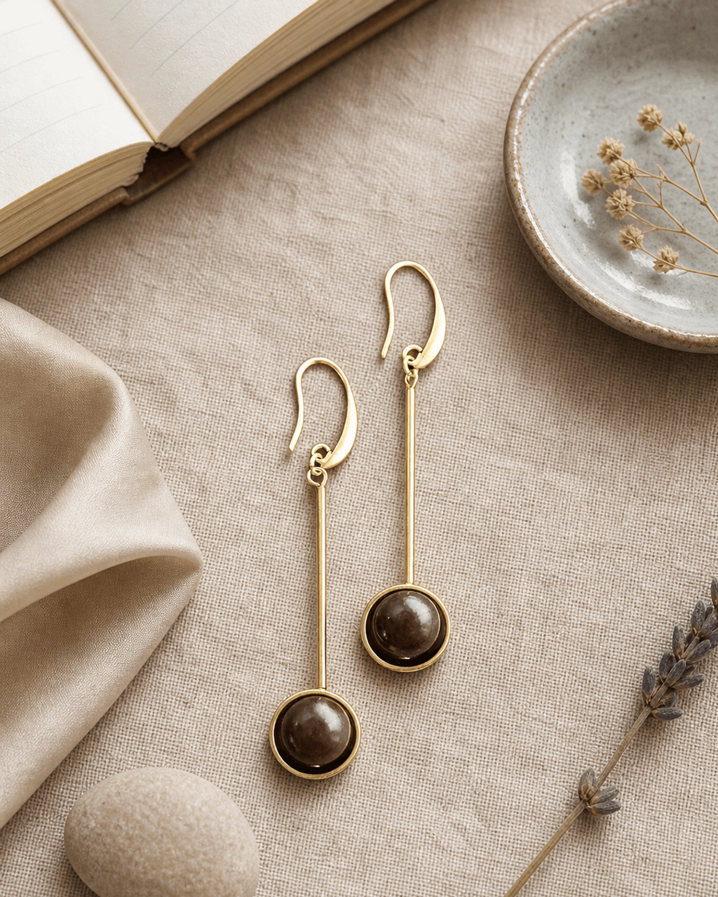 Bar-and-Sphere Drop Earrings in Brown Agate