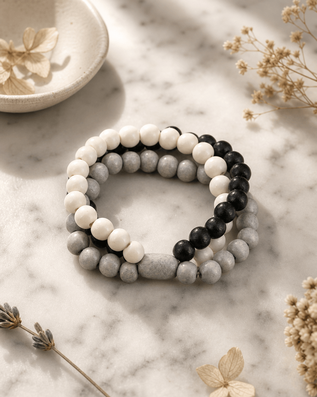 Monochrome Wood Bead Stretch Bracelet Set