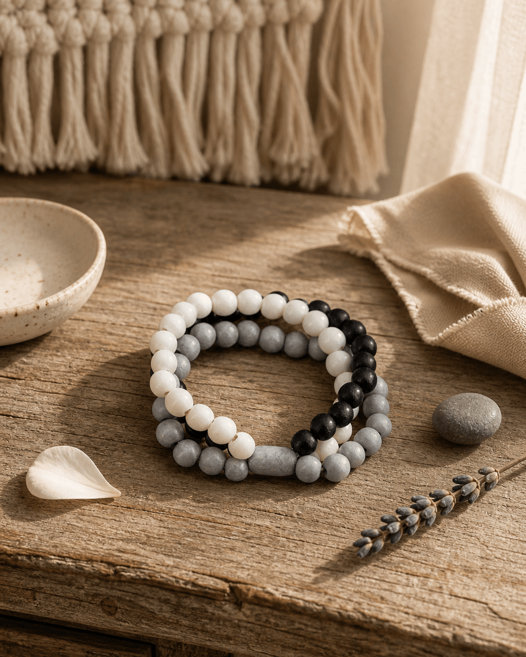 Monochrome Wood Bead Stretch Bracelet Set