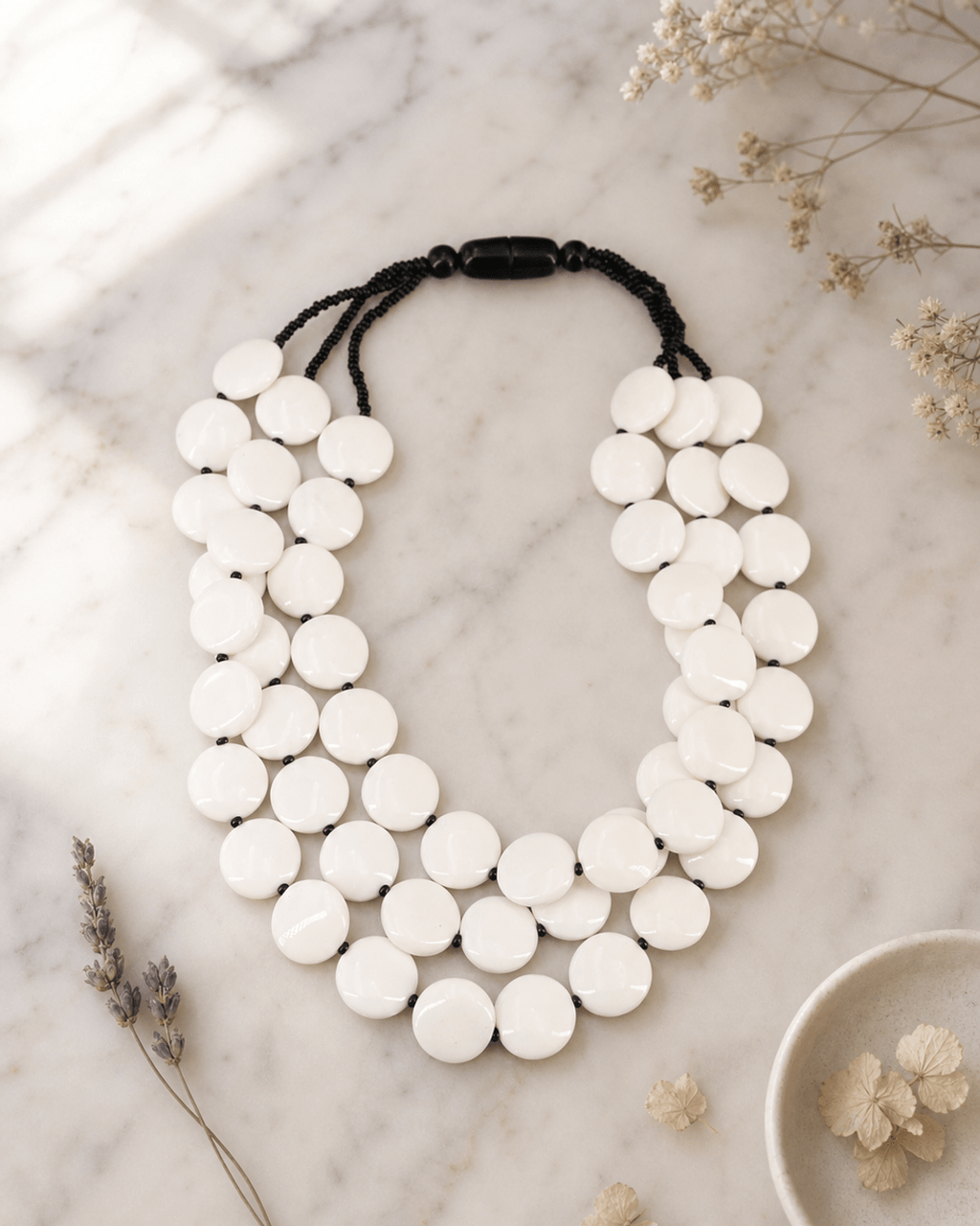 White Resin Disc Three-Strand Bib Necklace