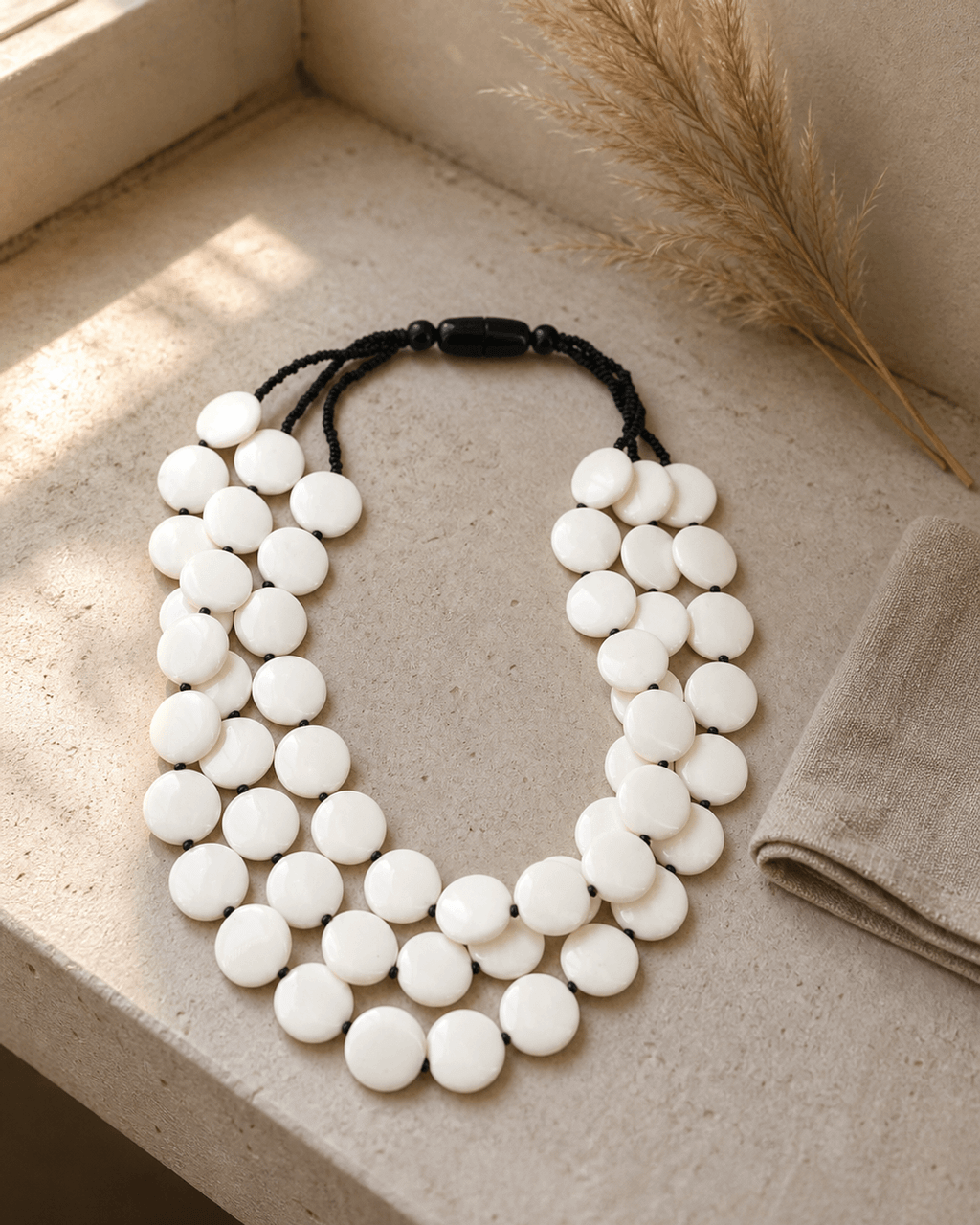 White Resin Disc Three-Strand Bib Necklace