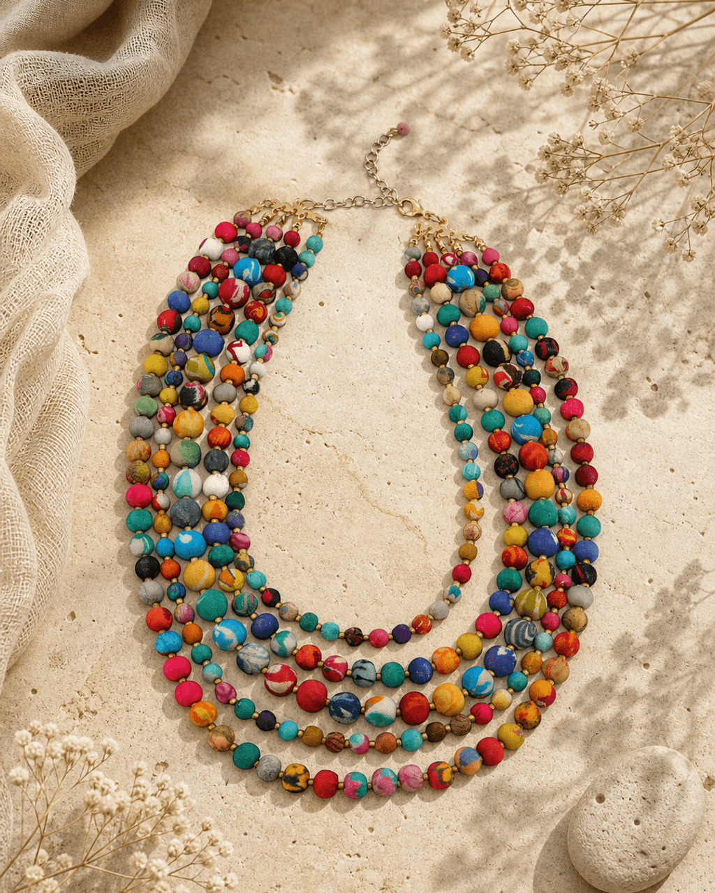 Five-Strand Fabric Bead Necklace in Mixed Color