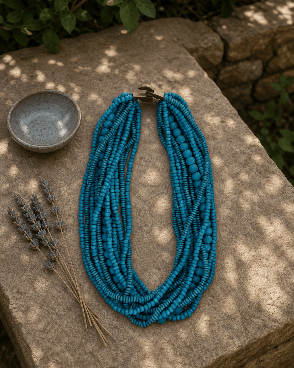 Turquoise Multi-Strand Wood Bead Necklace