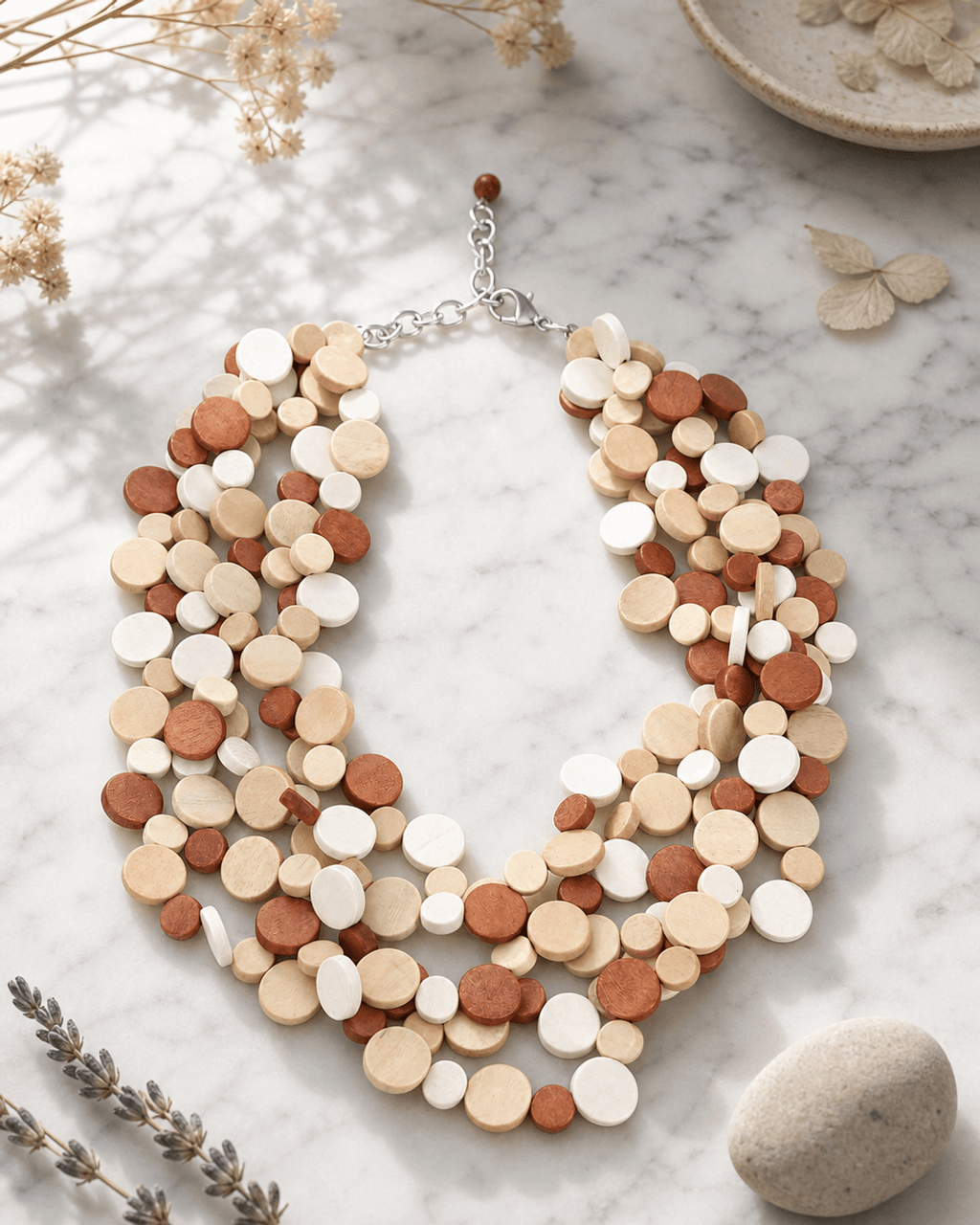 Layered Wood Disc Necklace in Terracotta and Cream