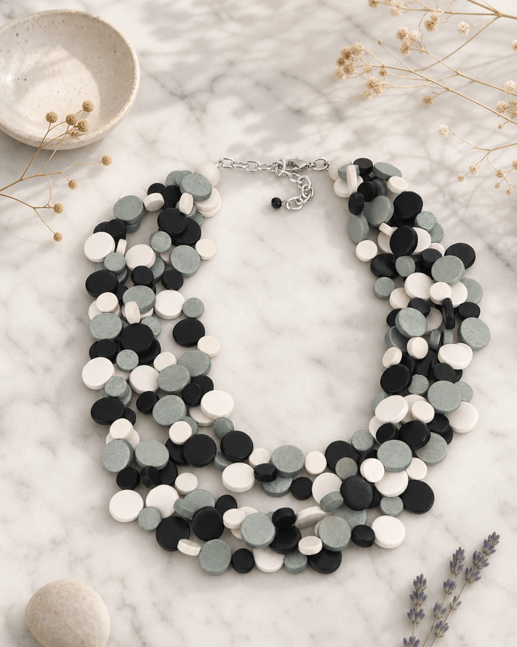 Layered Wood Disc Collar in Black, Gray and Cream