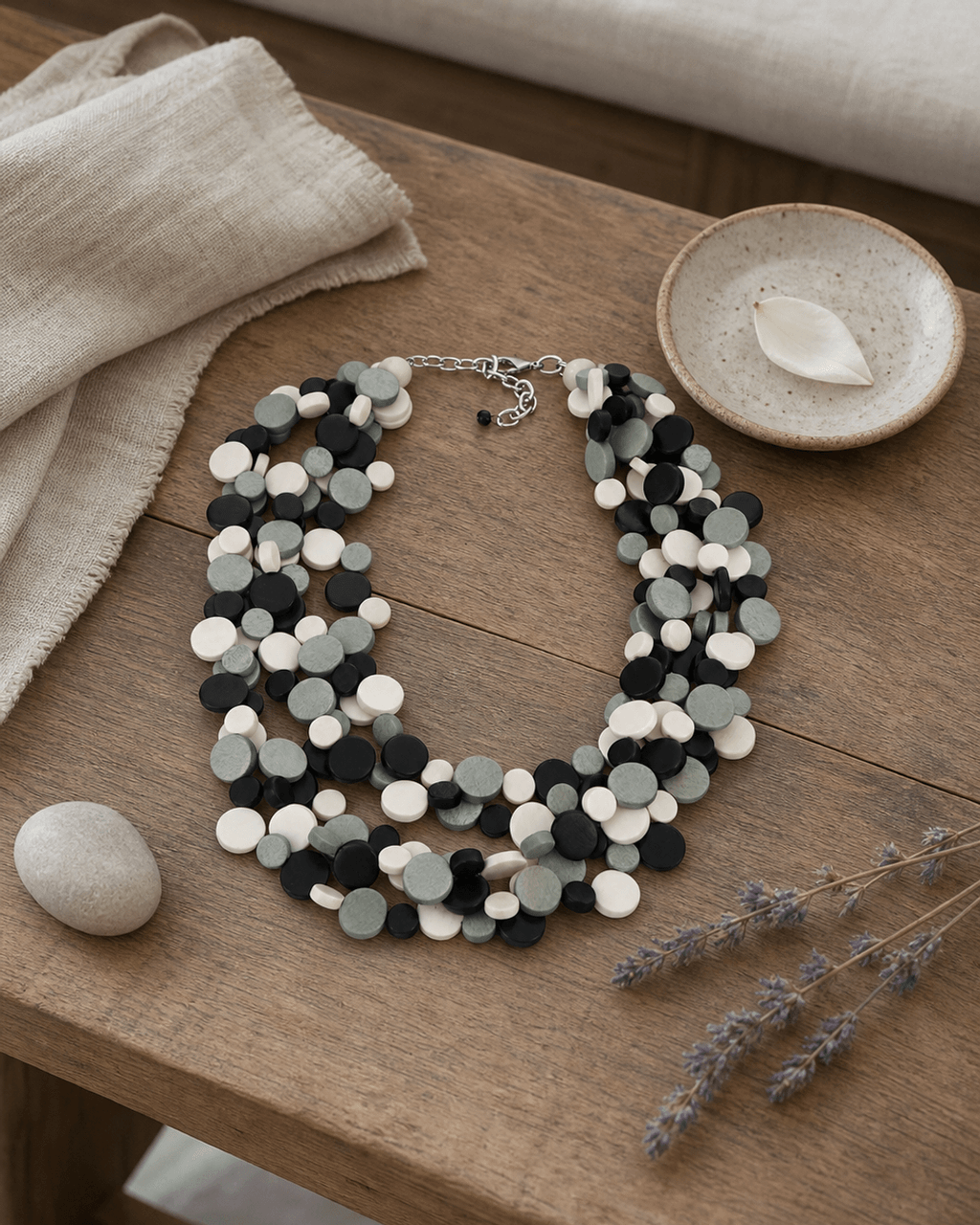 Layered Wood Disc Collar in Black, Gray and Cream