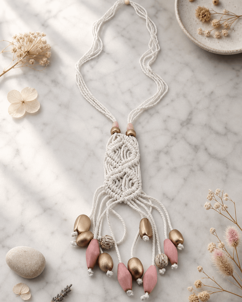 Long Ivory Macramé Pendant Necklace with Blush Wood Bead Fringe