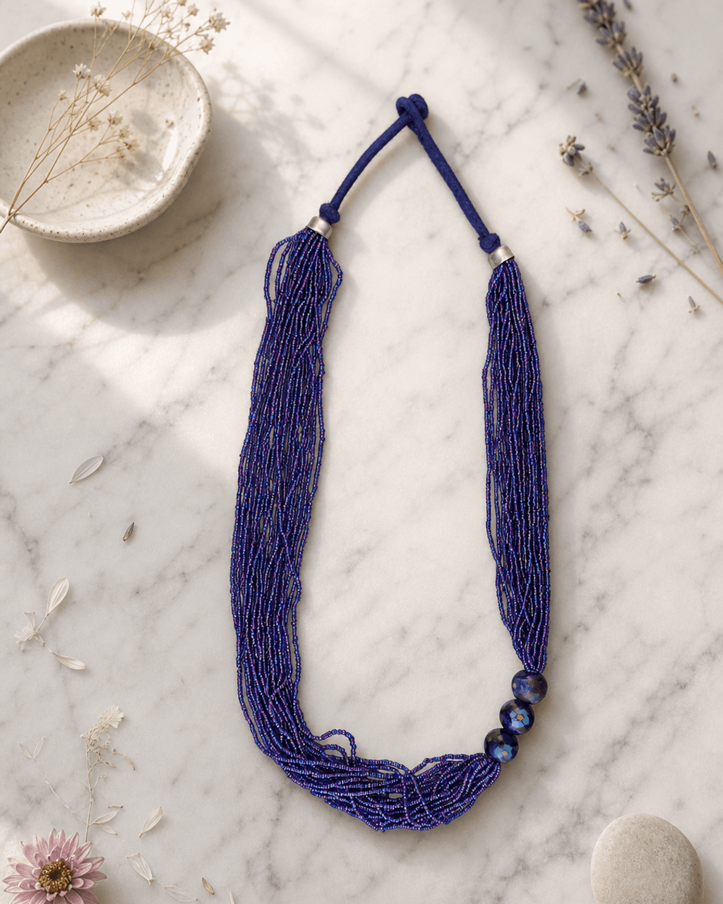Cascading Violet Seed Bead Necklace with Painted Ceramic Beads