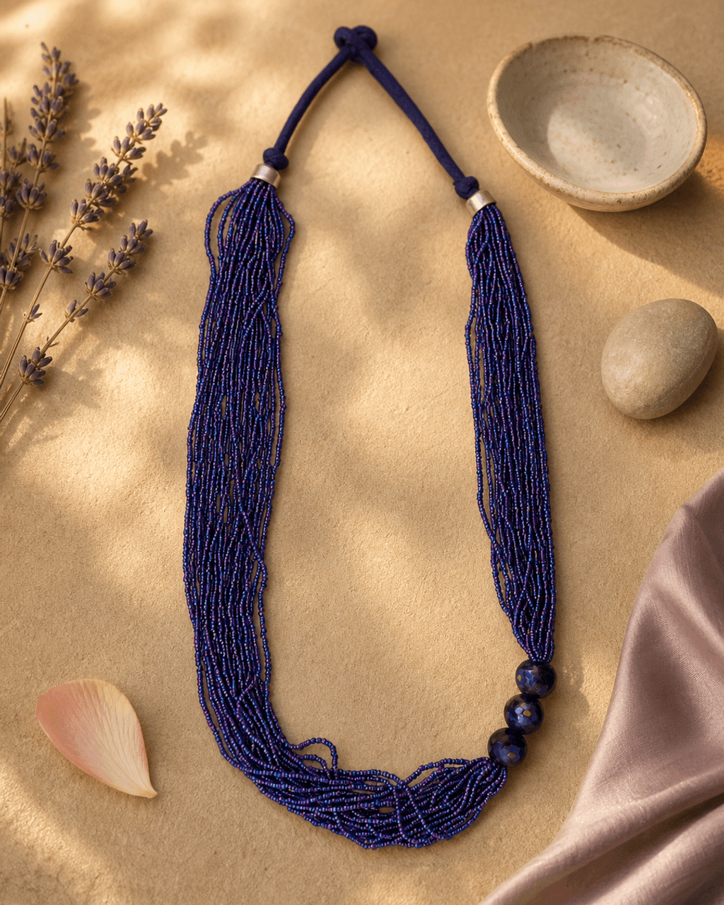 Cascading Violet Seed Bead Necklace with Painted Ceramic Beads