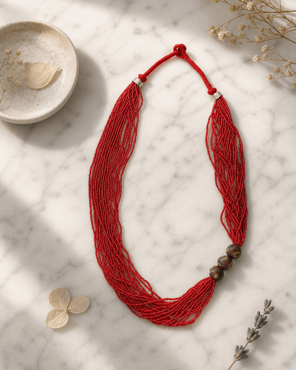 Red Seed-Bead Rope with Painted Ceramic Trio