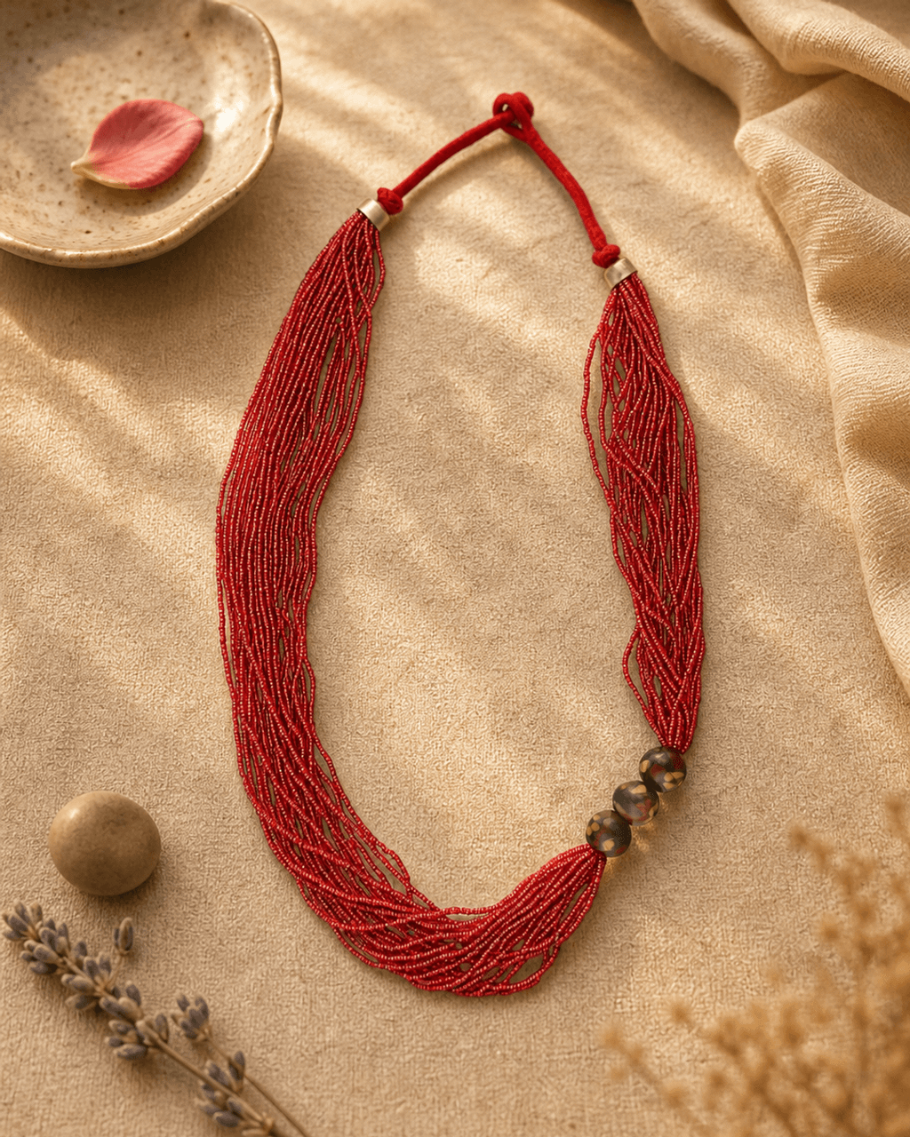 Red Seed-Bead Rope with Painted Ceramic Trio