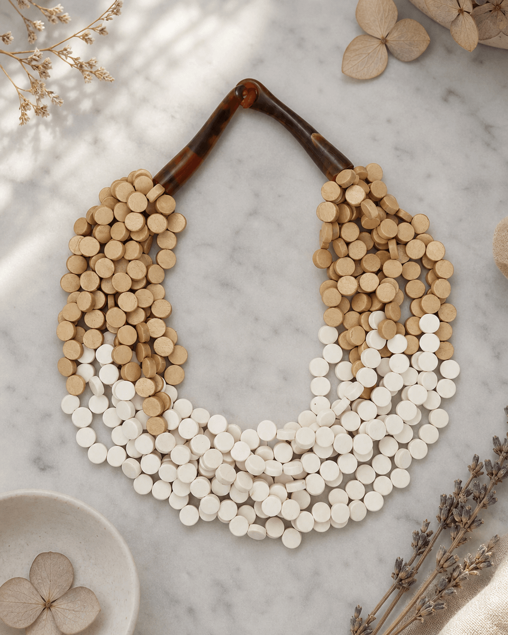 Multi-Strand Wood Disc Bib Necklace, Cream-to-Beige Ombré